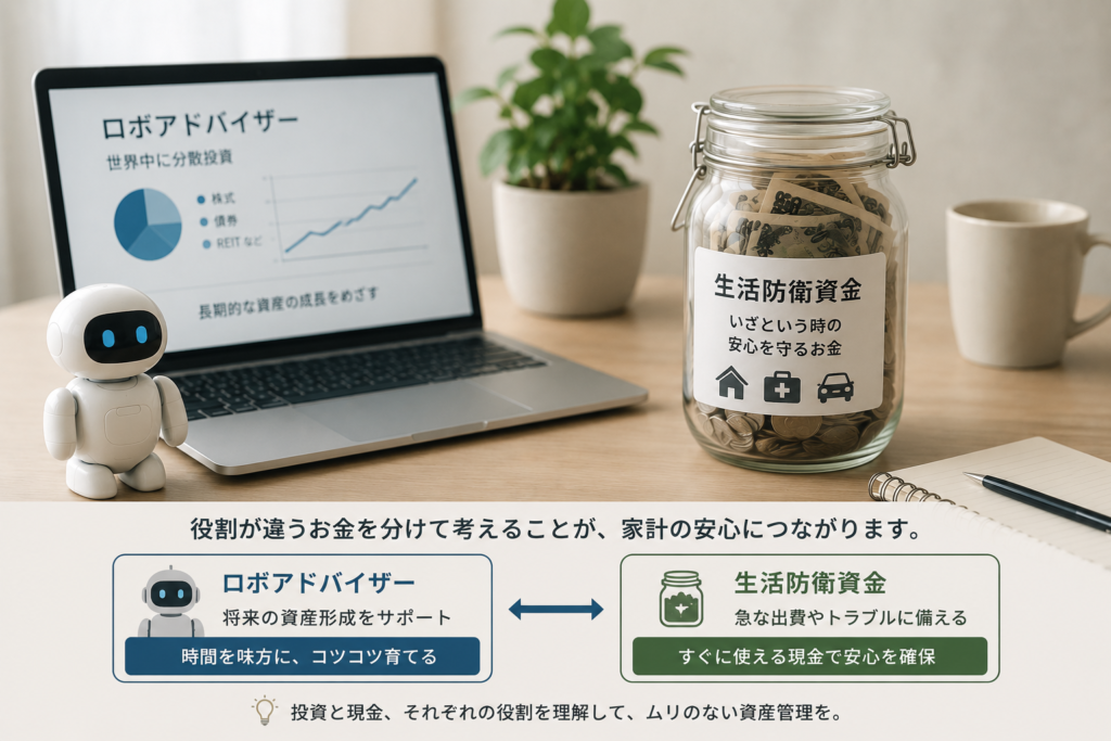 ロボアドバイザーの運用画面と、別に確保する生活防衛資金の現金びんを並べて役割の違いを示すイメージ