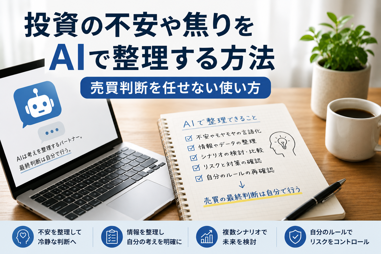 AIとの対話で投資の不安や情報、リスクを整理し、自分で最終判断する流れを示したデスク風景