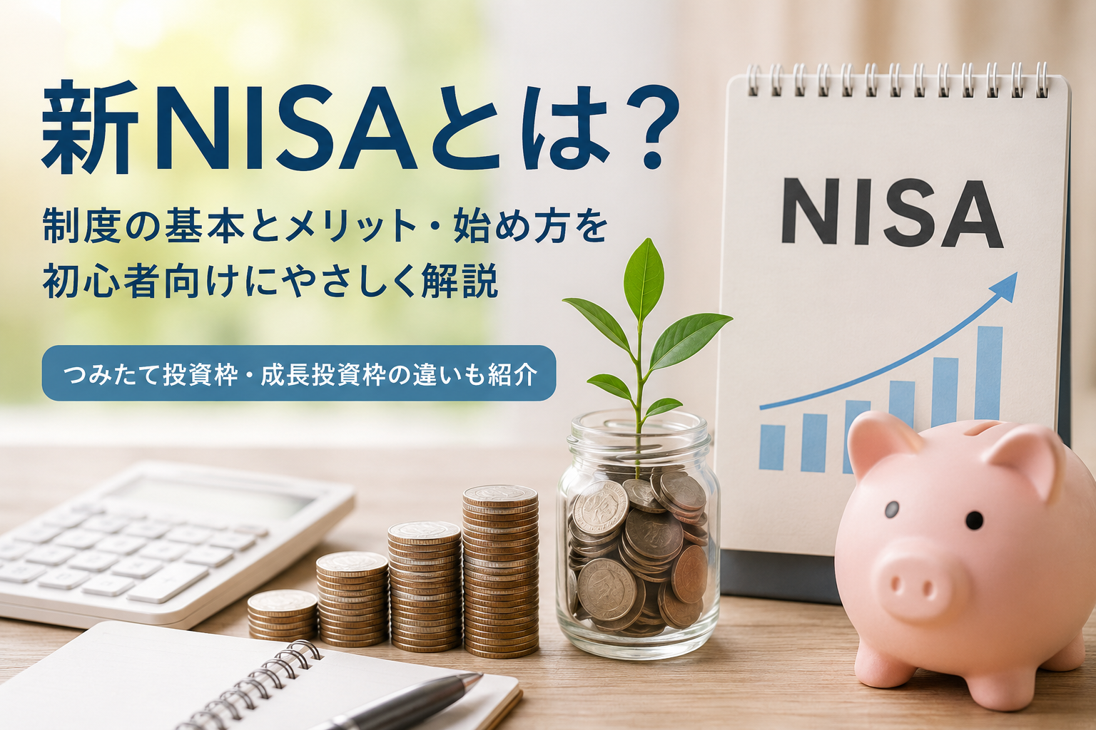 NISAの文字、コイン、貯金箱、電卓を使ってNISAと生活防衛資金を考えるイメージ