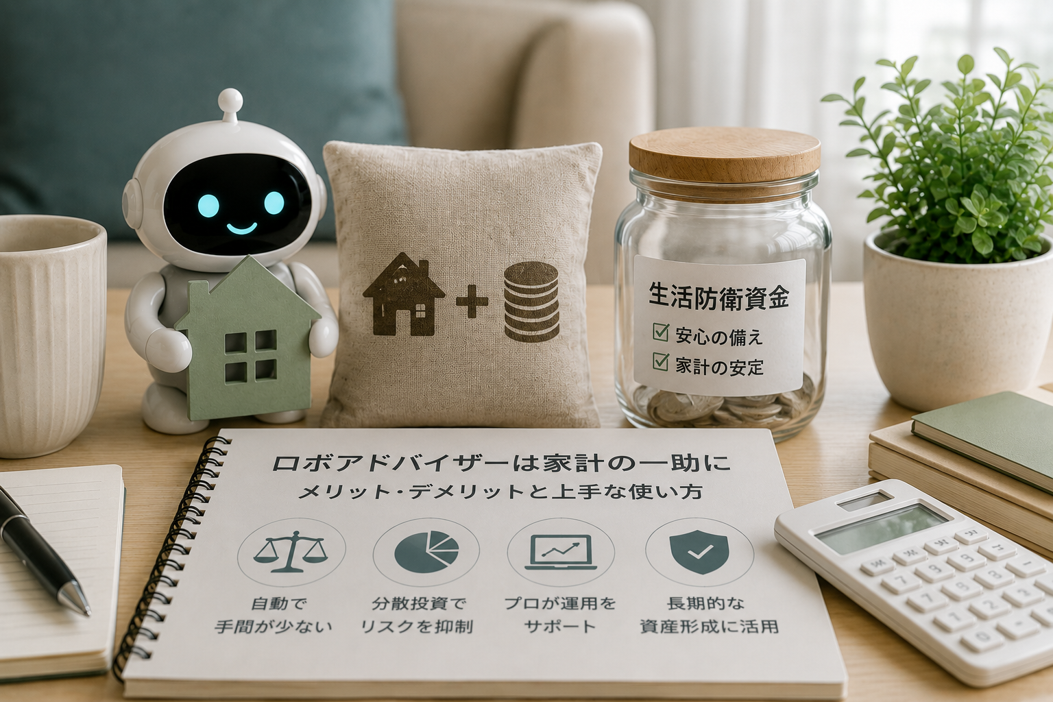 ロボアドバイザーを示すロボットと、別に管理する生活防衛資金の貯金びんを並べた家計管理のイメージ