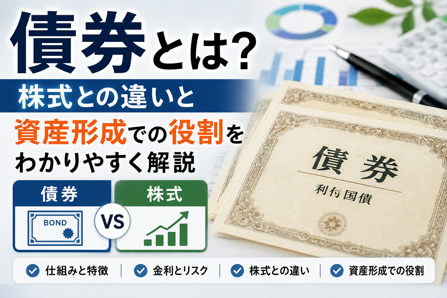 債券と株式の違い、金利・リスク、資産形成での役割を示すアイキャッチ画像