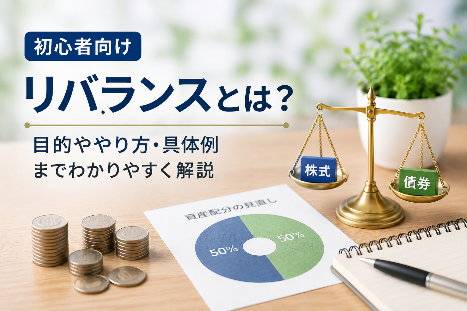 株式と債券の配分を天秤と円グラフで示したリバランスのイメージ